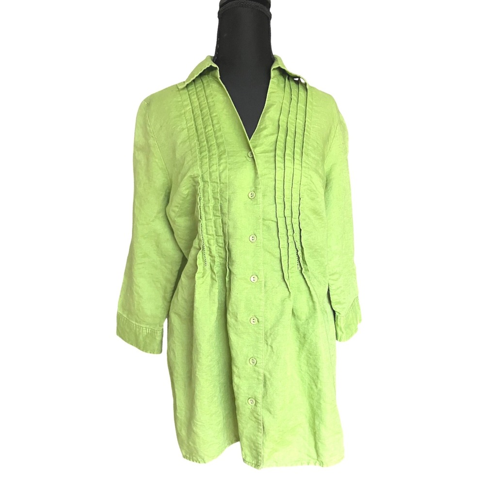 David Brooks Lime Green Linen Cotton Pintuck Button Down‎ Tunic Top Size M